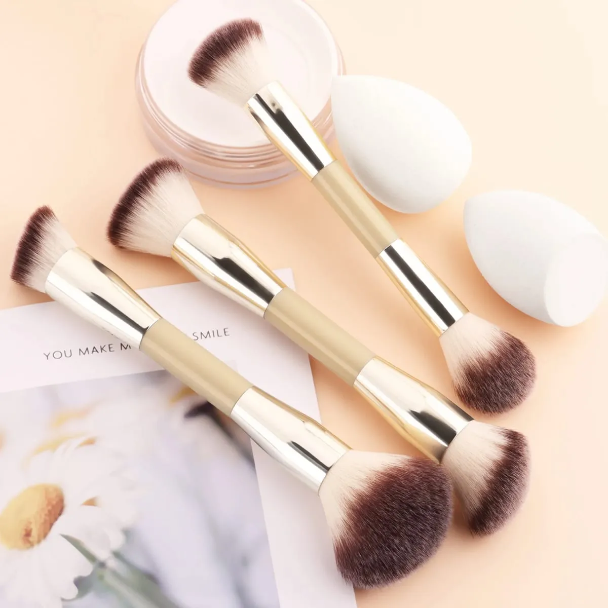 5Pcs Makeup Tool Set 3 Double Ended Brushes 2 Beauty Sponges For Foundation Blush Contour Face Cosmetic Kit — image 2