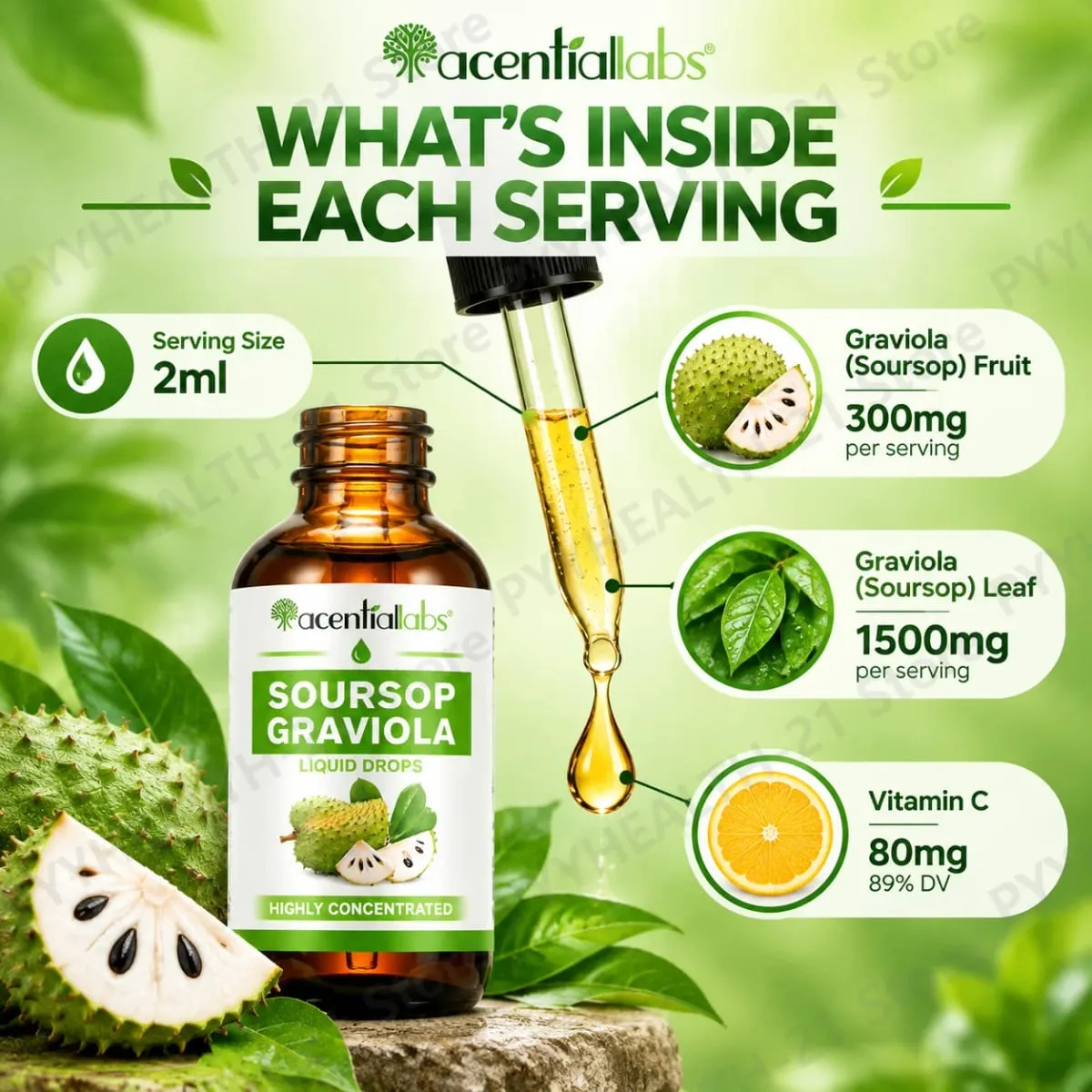AcentiLabs Soursop Graviola Liquid Drops C-vitamin támogatja az emésztést, az immunrendszert, szabadgyökök elleni védelem 60 ml felnőtteknek — image 5
