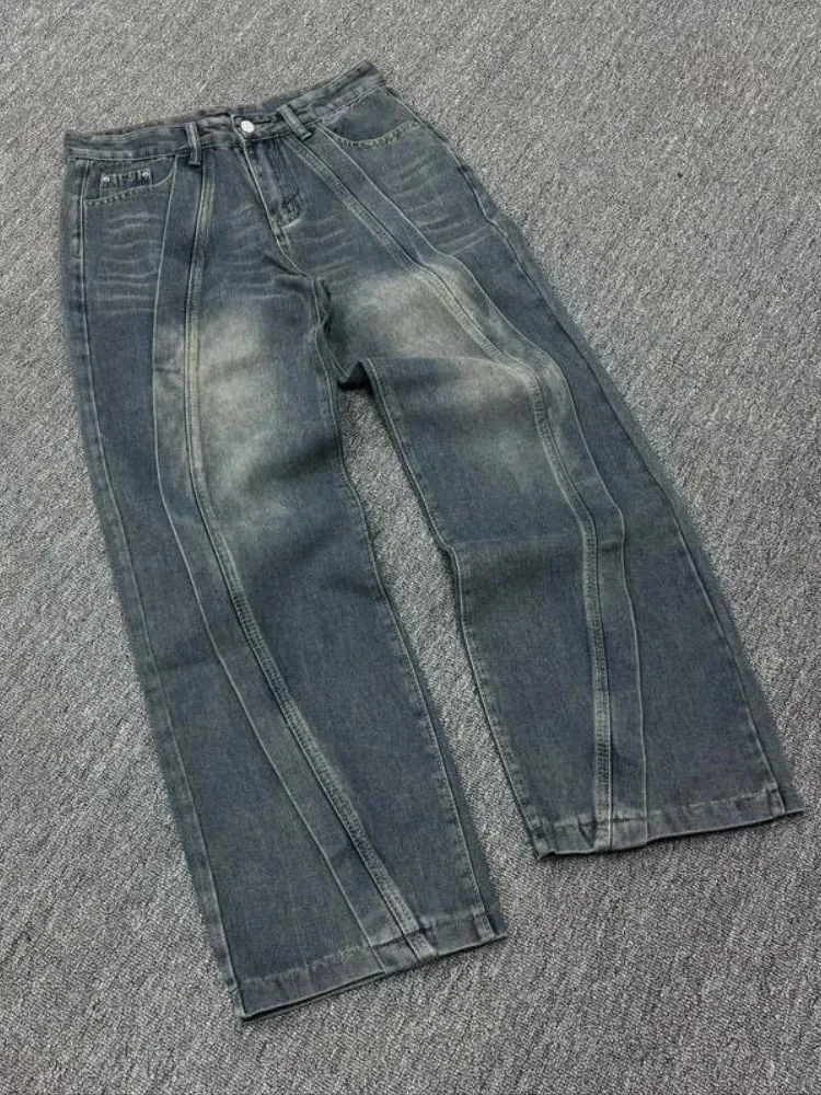 Mens Jeans American Vintage Streetwear Dark Blue Wide Leg Denim Pants Patchwork Contrast Stitch Washed Loose Fit Retro Fashion — image 7