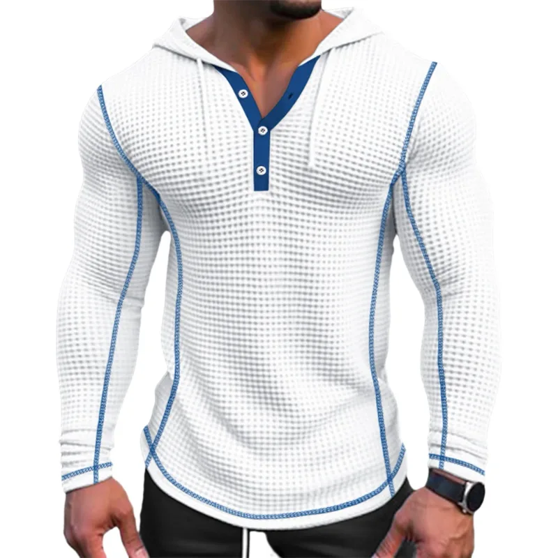 Våren Enfärgad Slim Fit Långärmad T-shirt Herr Huva Andas Sport Topp Våffel Bomull Casual Långärmad Skjorta — image 11