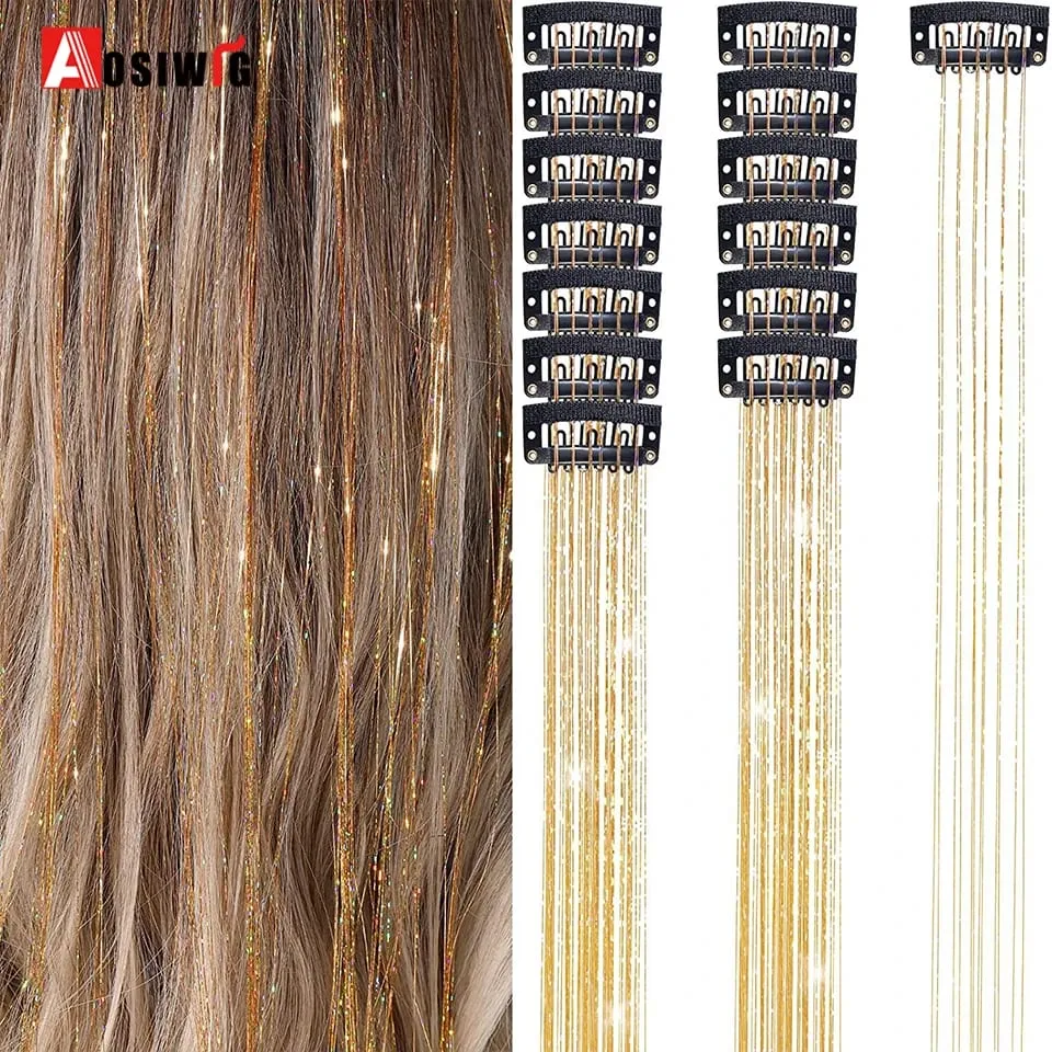 12Pcs/Pack Sparkle Blonde Hair Extensions Clip In Rainbow Shiny Sparkle Hair Tinsel Heat Resistant Sparkle Hair Extensions For W — image 9