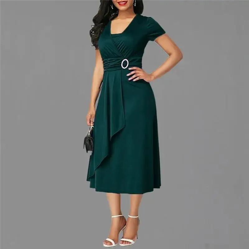 We.Fine Dress Women Solid Color Short Sleeve V Neck Asymmetric Hem Waist Midi Party Dress Elastic Female Dresses Woman Vestidos — image 8