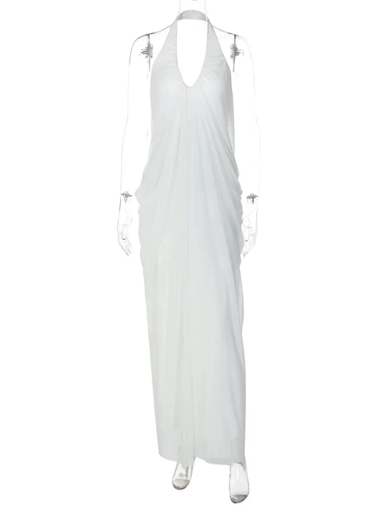Mozision Mesh Halter Backless Sexy Maxi Dress Women Gown Fashion Elegant V Neck Sleeveless Pleated Club Party Long Dresses — image 6