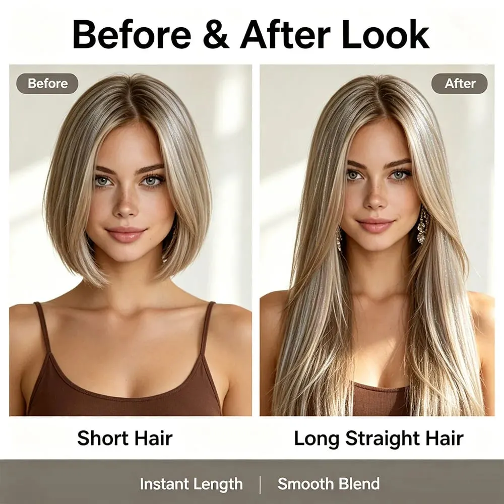 24Inch Long Straight Synthetic Clip‑in Hair Extensions Glitter Laser Tinsel Hair High‑Temp Fiber Shiny Hairpiece for Women Daily