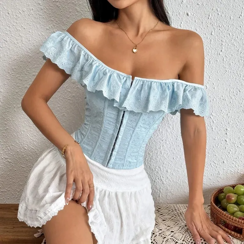 White Ruffles Fishbone Lace-up Tops Women Sexy Square Neck Sleeveless Backless Bodycon Cropped Tops Summer Party Wear Tank Vest