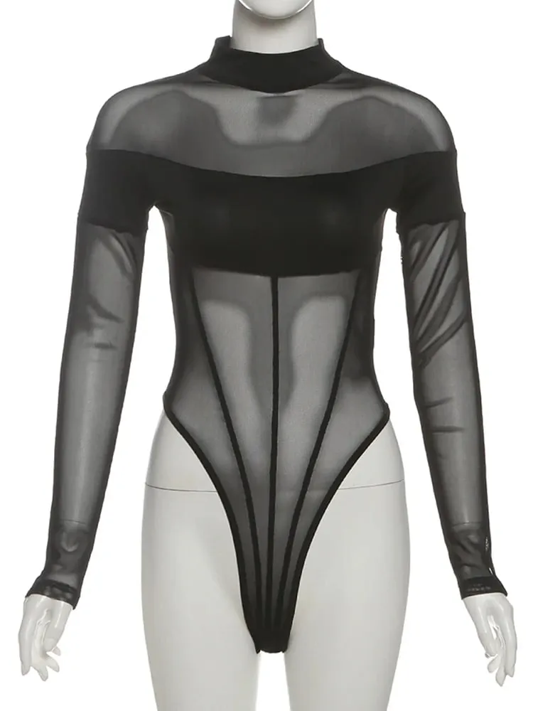 Weird Puss Coquette See Through Bodysuit Women Sexy Wild Mesh Hipster Patchwork Full Sleeve Midnight Stretch Street Clubwear — image 6