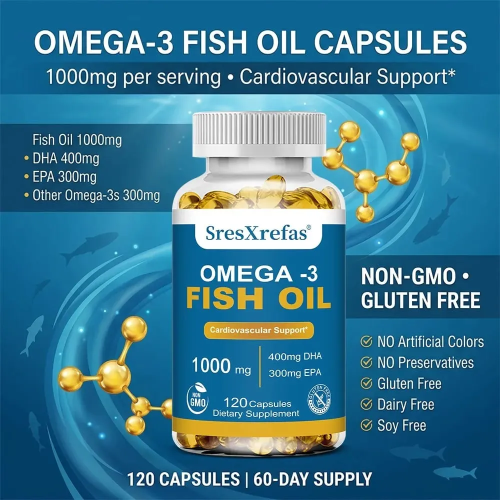 Fish Oil 1000 Mg | Omega 3 + EPA & DHA | Brain Heart Joints Skin and Immune Support | 120 Count Non-GMO Softgels Supplements
