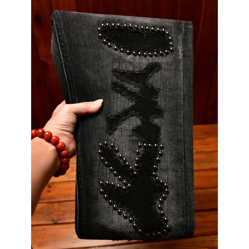 Metal Decor Design Black Jeans Men Trendy Ripped Fashion Retro Nostalgic Street Slim Fit Skinny Pants — image 3