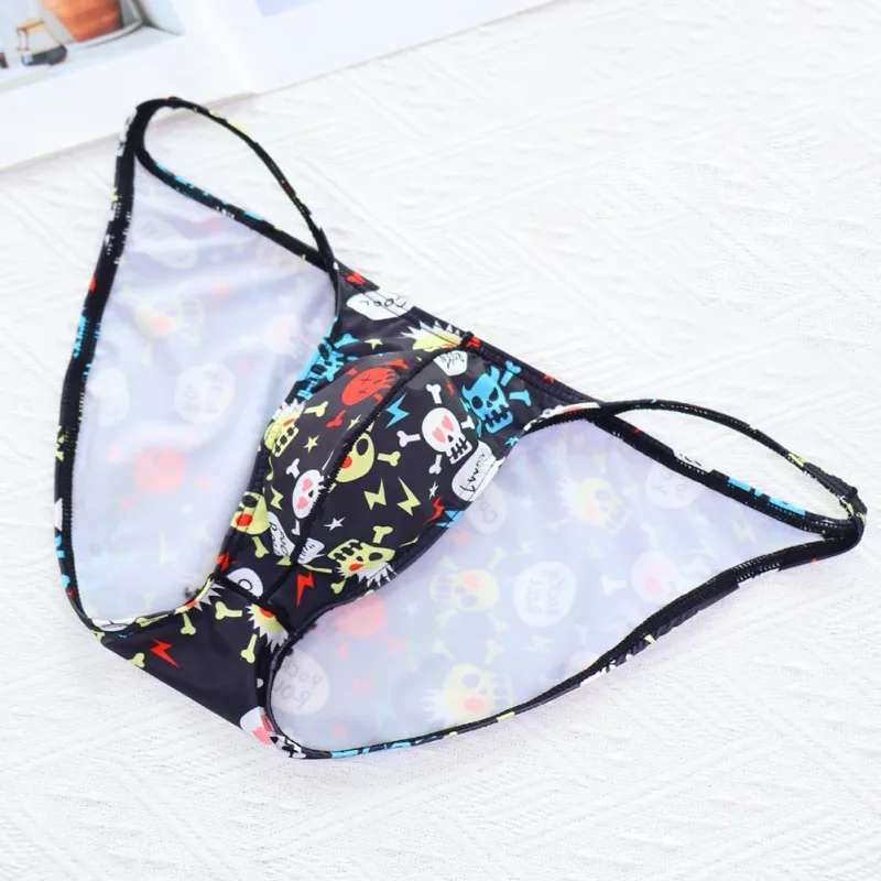 Cuecas masculinas de cintura baixa com bolsa grande e estampa de caveira, tecido elástico confortável para uso diário
