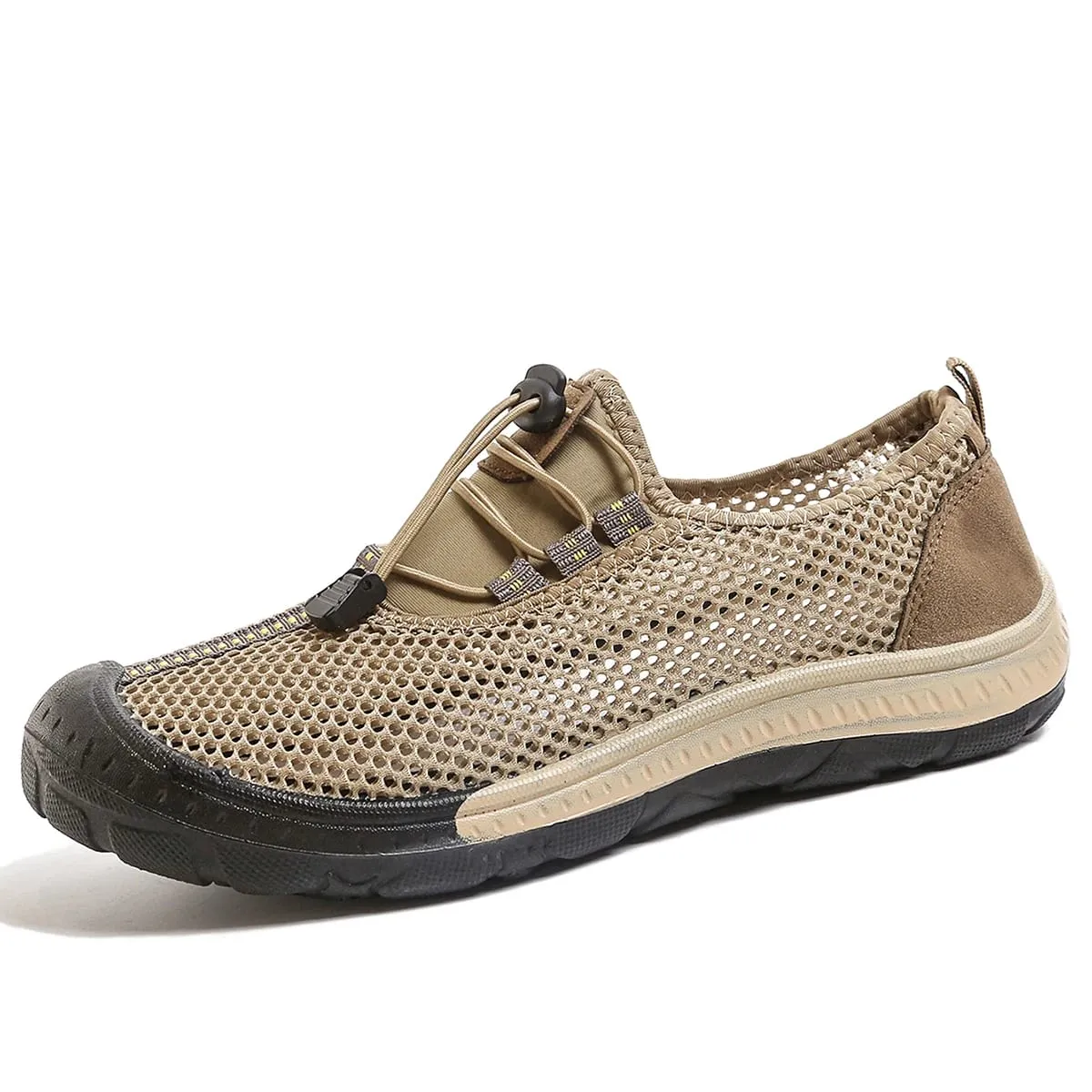 Sapatos masculinos de malha oca com alternância rápida, tênis para caminhada com listras e costura, touca de borracha grossa envolta em sapatos casuais para uso ao ar livre