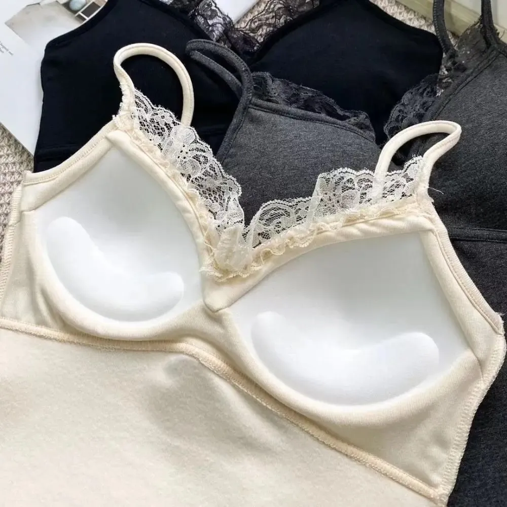 Autumn/Winter Fitted Lace-trimmed Camisole V-Neck Comfortable Slim Fit Camisole Top Soft with Padded Bra Women's Top — image 3
