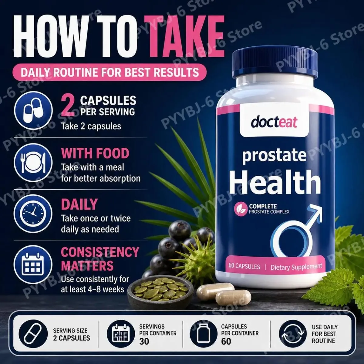 Docteat Prostate Health Capsules with Saw Palmetto Extract Pumpkin Seed Extract Stinging Nettle Root Extract 60 Capsules — image 5