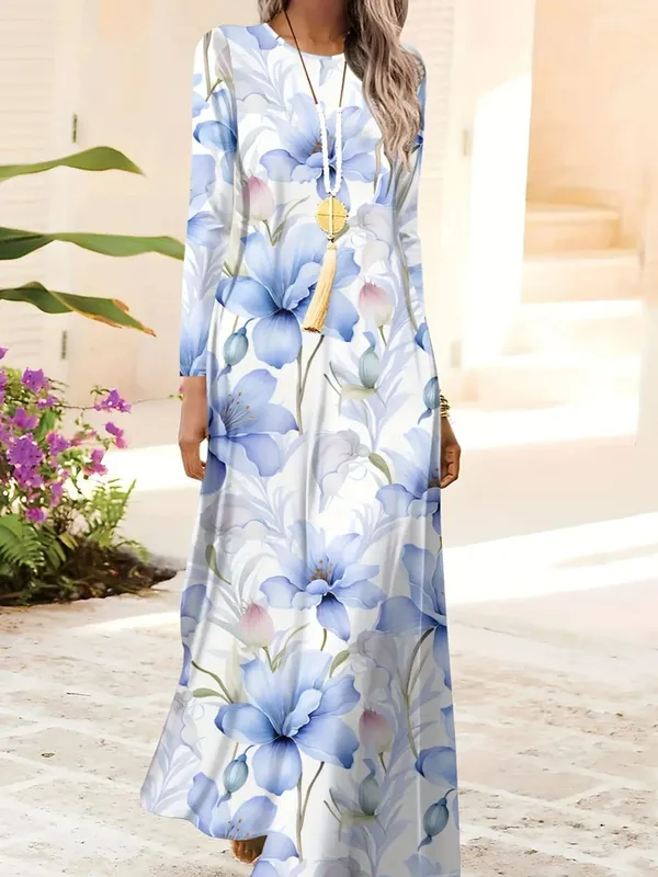 Bedrucktes Design im lässigen Stil, blaues Blumenmuster-Druckkleid für Damen