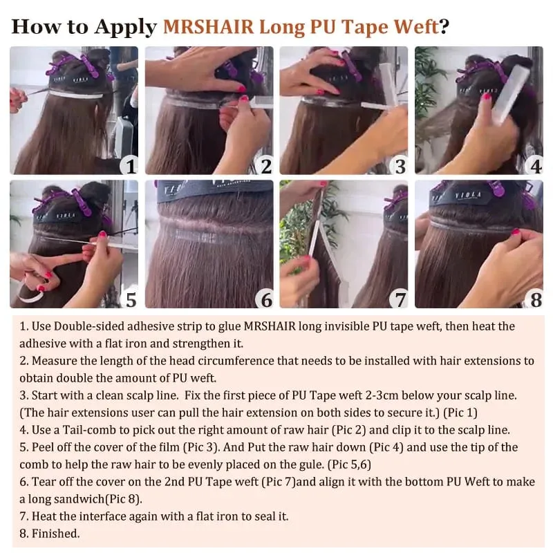 Tape In Weft Hair Extensions Human Hair PU Long Weft Tape In Hair Extensions Real Human Hair Silky Easy to Use Remy 12-20 inch — image 6