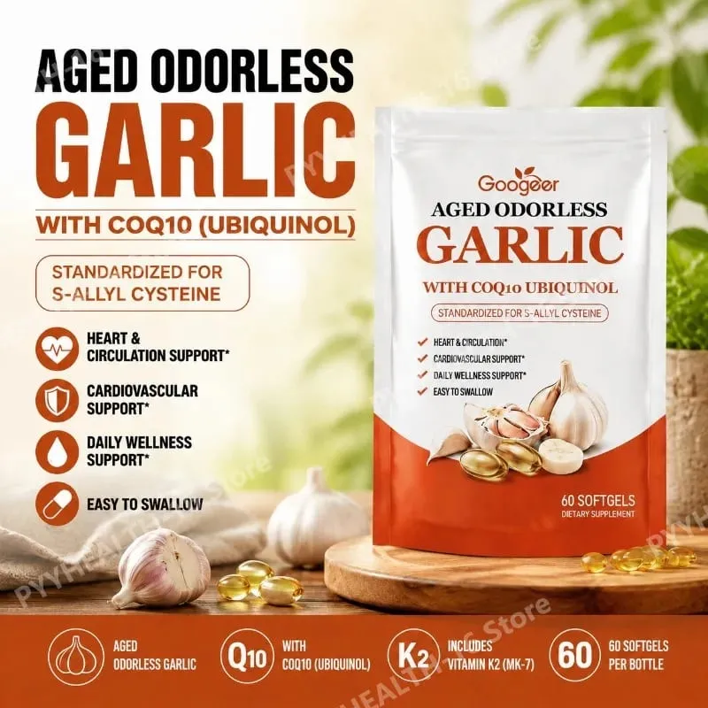 Aged Odorless Garlic Softgels with CoQ10 Ubiquinol & K2 Blood Pressure Heart & Circulation Support Cholesterol 60 Softgels — image 1