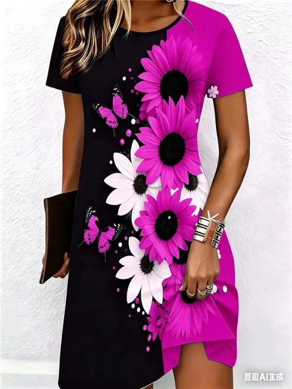Street Hip Hop Flowers And Butterflies Women Mini Dresses Summer Short Sleeve 3D Printed Fashion Dress 3XL Big Size Casual Dress — image 4