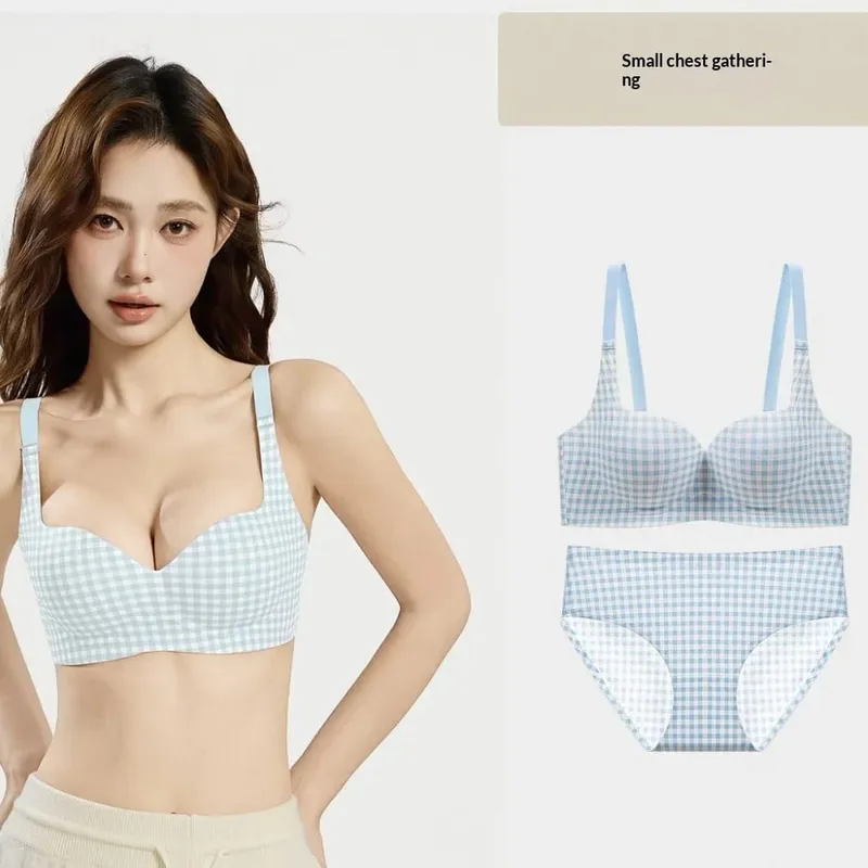 Seamless One-Piece Plaid Bra Set Gathers Small Breasts Makes Them Look Bigger Lifts Comfortable Wireless Underwear Set — image 2