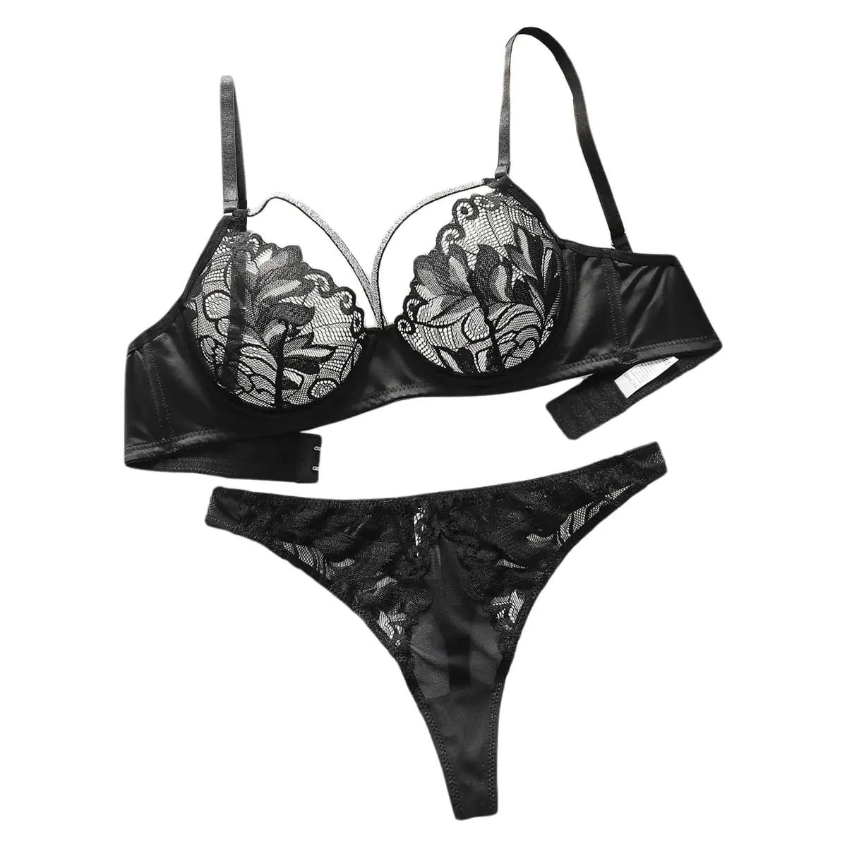 Sexy Black Lace Underwire Unpadded Bra & Panty Set Demi Cup Push Up Bras for Women Matching Lingerie Set Valentine's Day — image 2