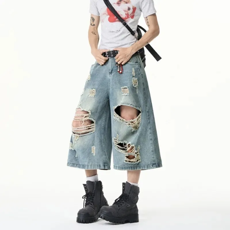 Summer Trendy Men Jeans Ripped Loose Casual Man Pants Artistic Design Cropped Long Denim Trousers