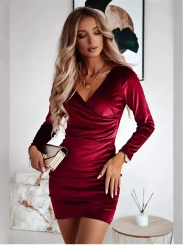 Senhora bodycon cor sólida vestido de veludo feminino com decote em v manga comprida mini vestido outono inverno festa de ano novo vestido de luxo