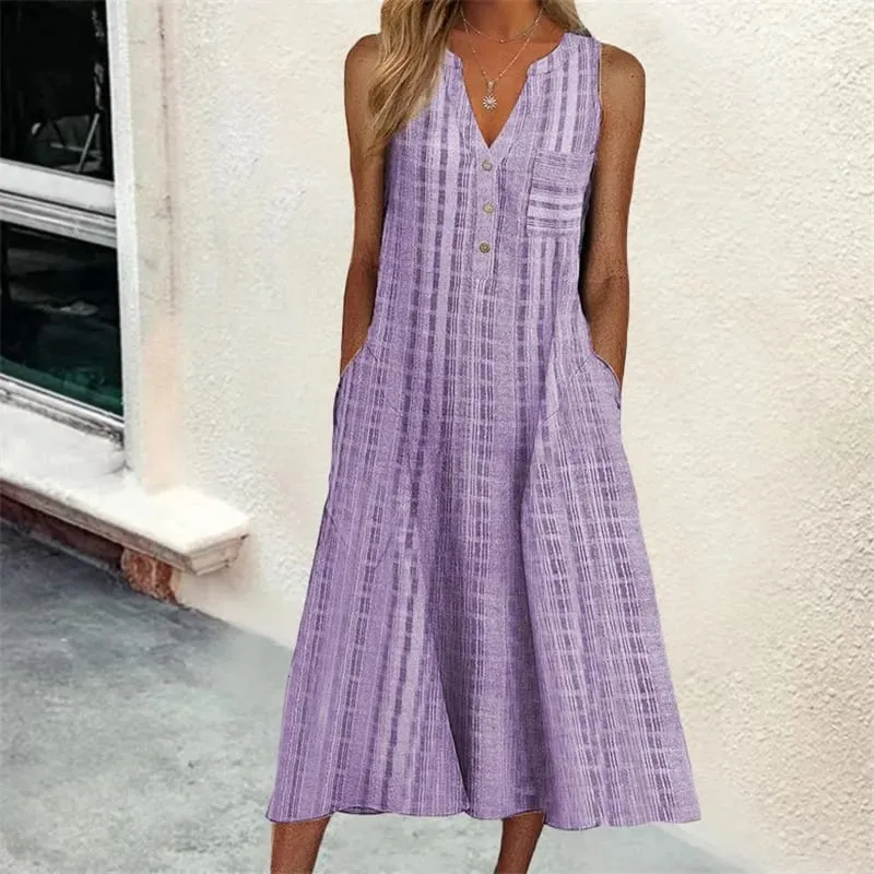 Summer New Women's Dresses V-Neck Sleeveless Button Loose Striped Print With Pocket Casual Beach Dresses — image 2