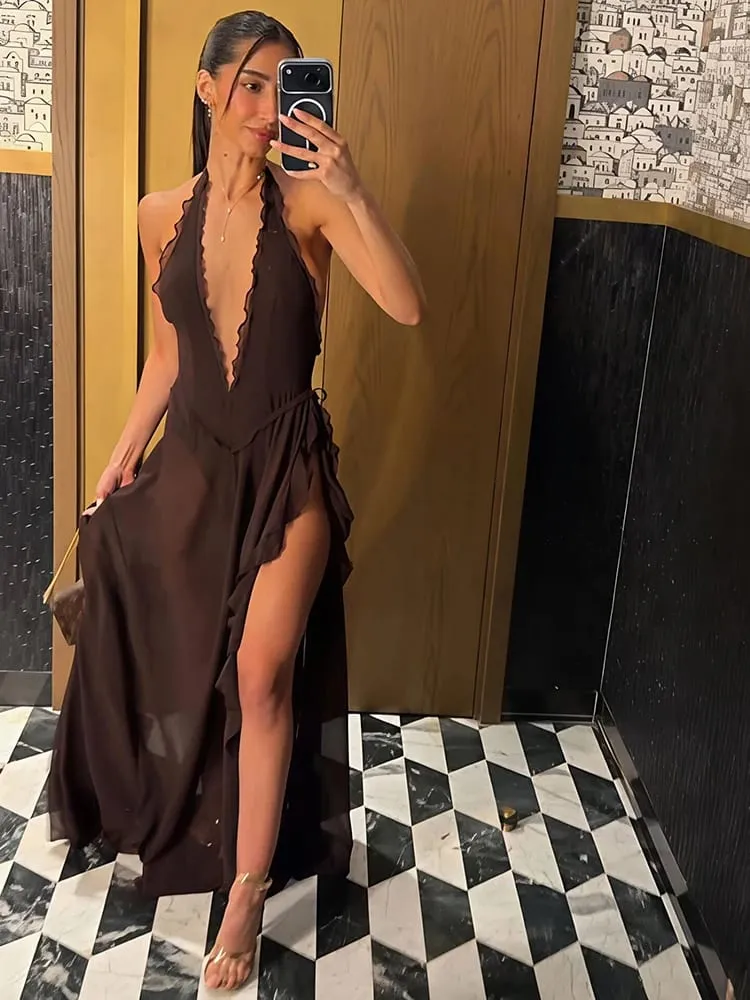 Mozision Halter Deep V Neck Backless Sexy Maxi Dress Women Elegant Off-shoulder Sleeveless High Split Club Party Long Dress — image 2