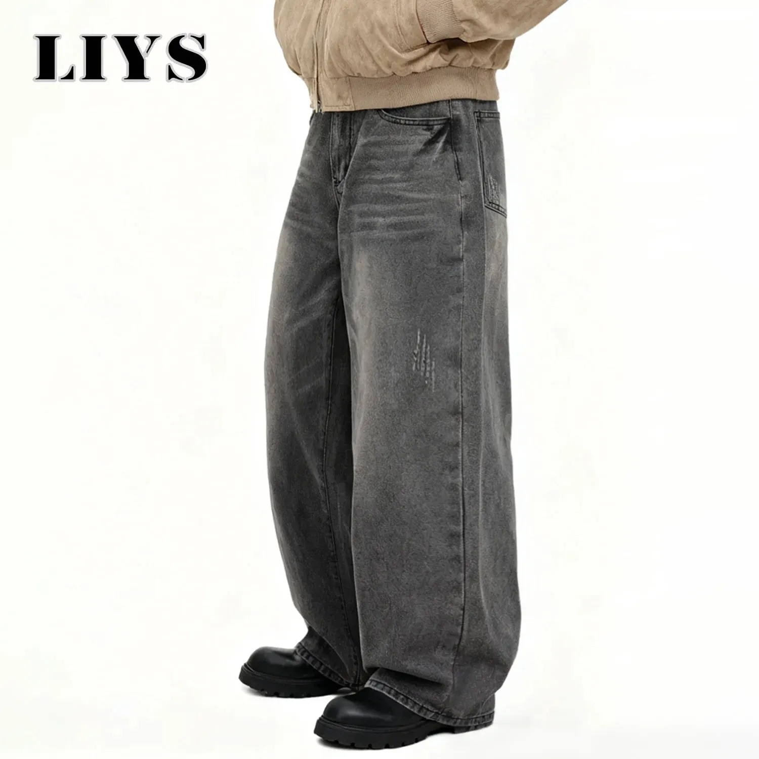 Men's American Retro Gray Baggy Wide Leg Jeans Daily Business Casual Loose Straight Leg Denim Pants Four Seasons Men's Clothes — image 5