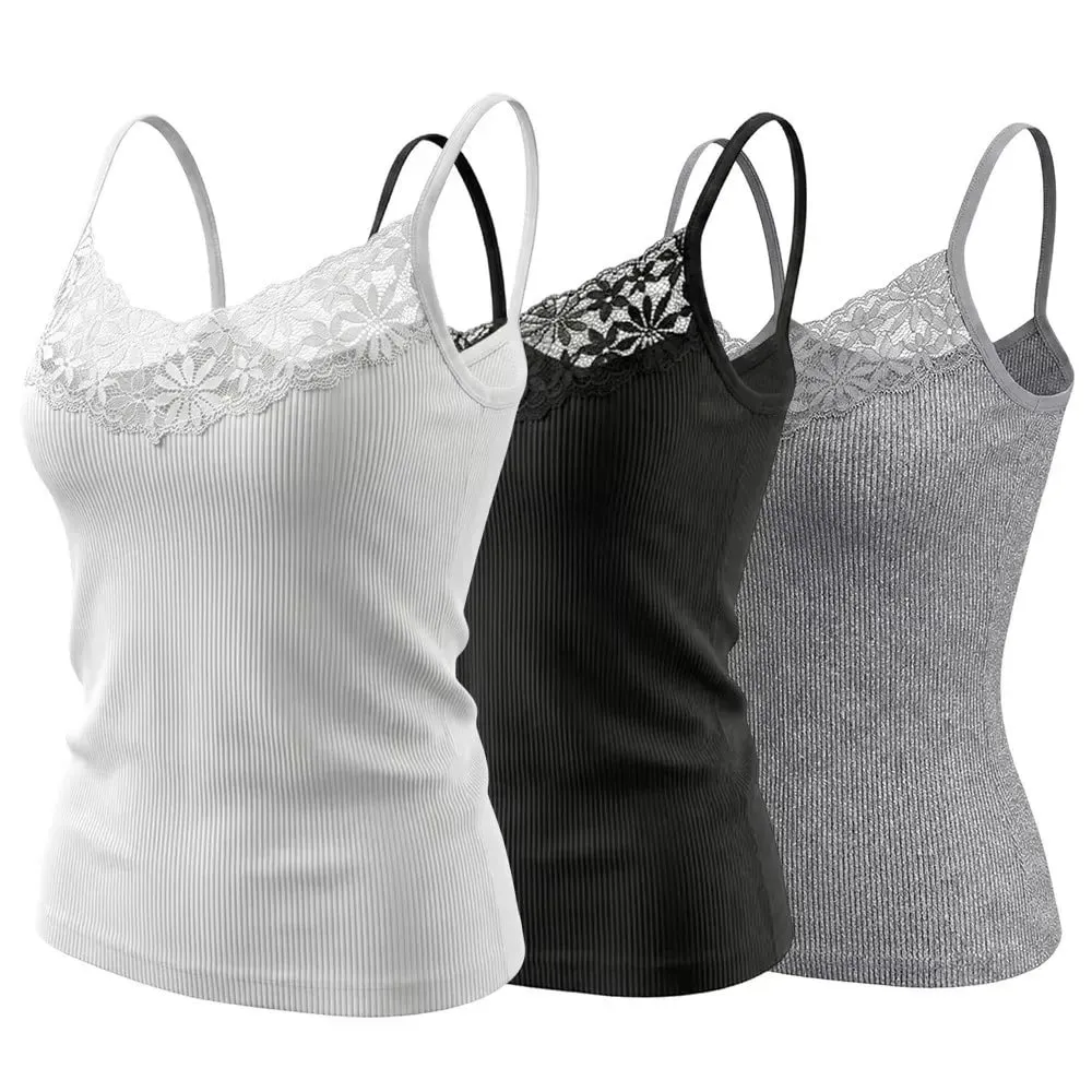 Solid Color Lace Tank Tops Ribbed Texture V Neck Design Ribbed Camisole Y2k Style Elastic Fabric Elastic Tank Tops For Women