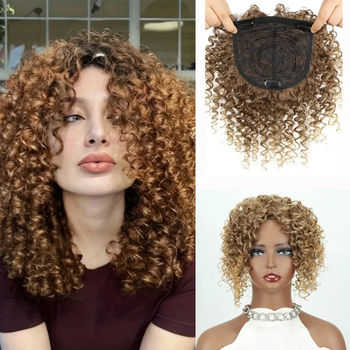 8inch Fluffy Natural Afro Kinky Curly Short Hair Toppers Hairpieces Clip-on Synthetic Hair Pieces for Women with Thinning Hair — image 2
