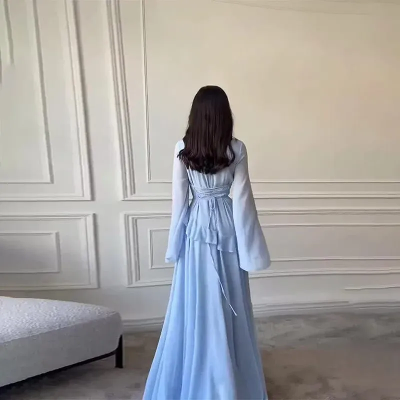 Mulheres chiffon sólido babados vestido alargamento manga em torno do pescoço 2025 novo elegante maxi vestido de festa à noite moda férias senhora — image 3