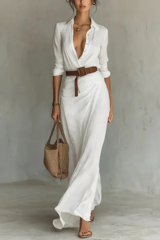Moda feminina sólido vestido de festa de férias elegante lapela botão drapeado vestido longo casual manga longa jogo com cinto camisa vestido — image 9