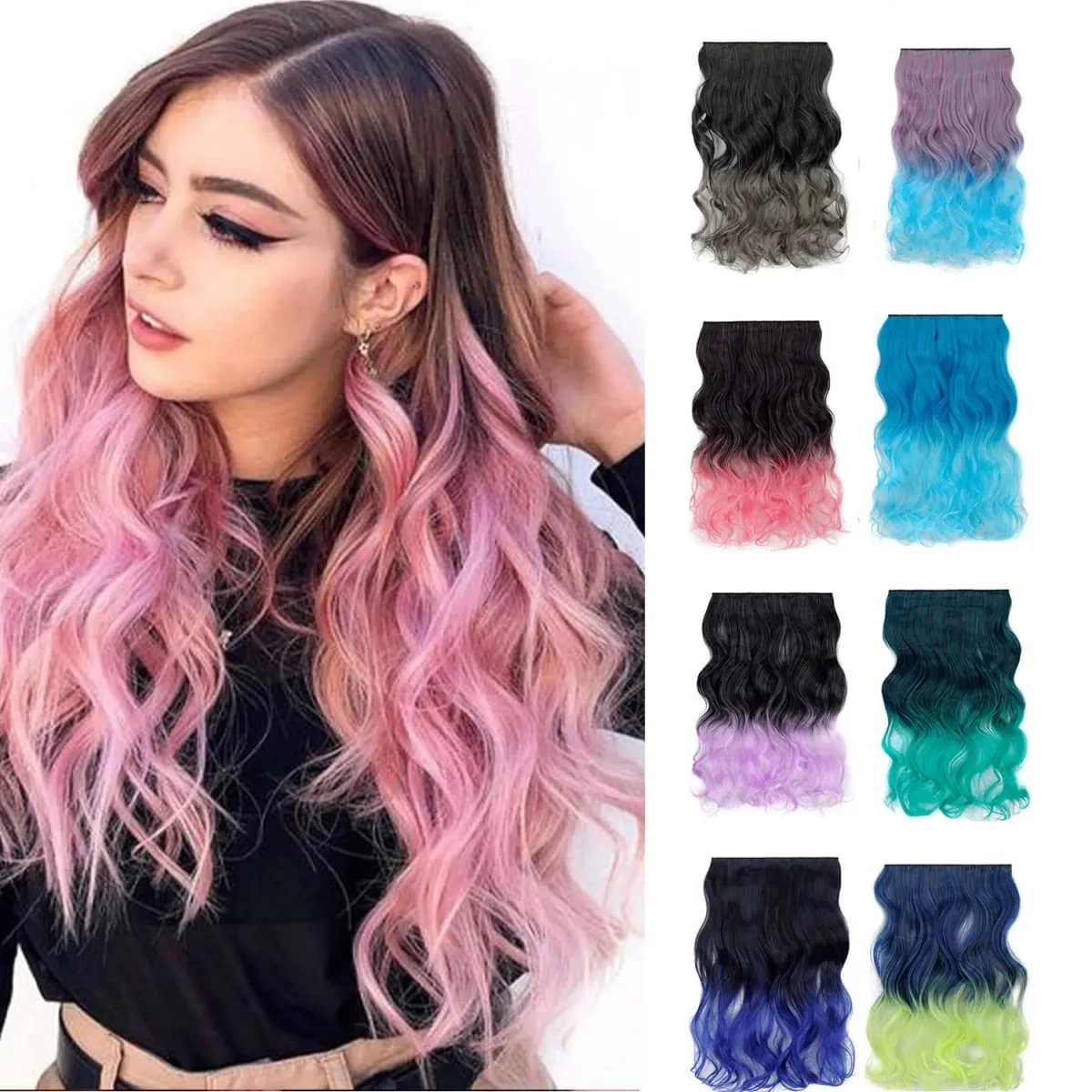 Jeedou uma peça 5 clipes ondulado ombre clipe em extensões de cabelo longo onda de água cabelo encaracolado sintético pedaço arco-íris colorido cabelo — image 1
