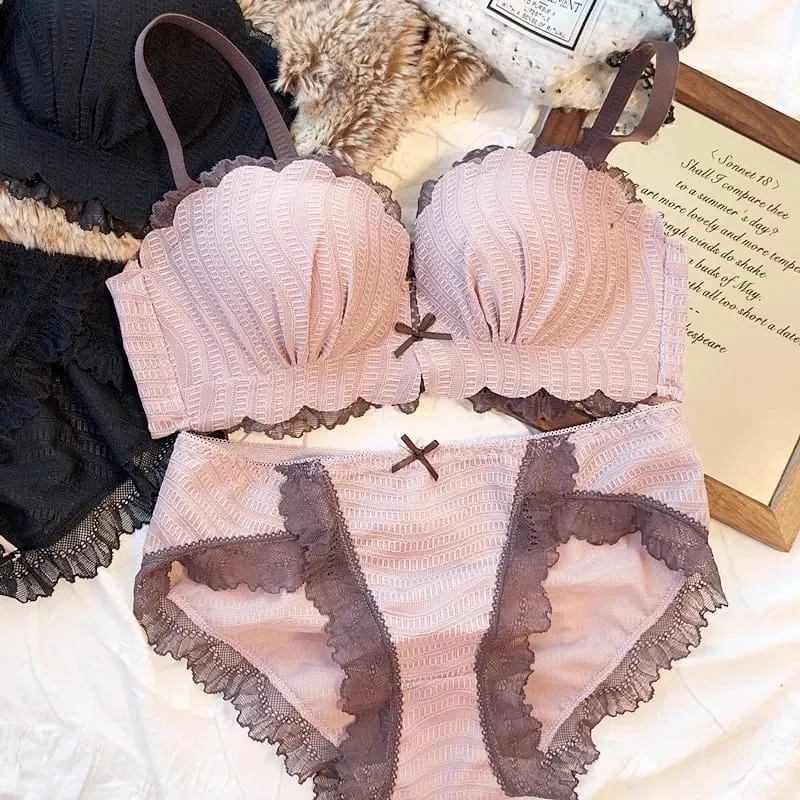 Söt kontrastfärg Spets tunna underkläder för unga flickor Intimates One-Piece Sömlös liten BH och trosset Bomullsunderkläder