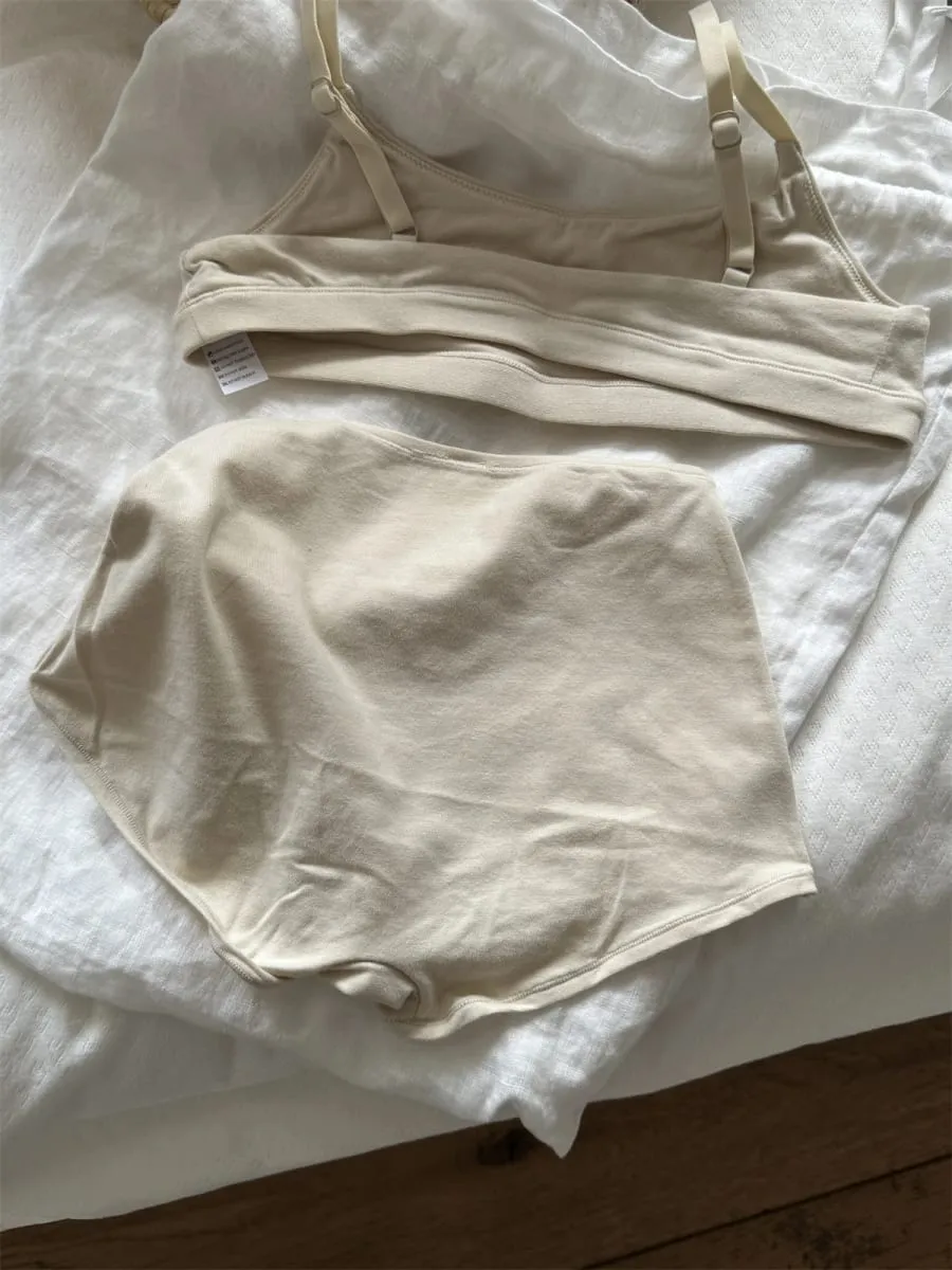 Vintage bomulls-sport-bh-set för kvinnor, sömlös behå med justerad rem+låg midja boxershorts Solida enkla underkläderset med hög elasticitet — image 2