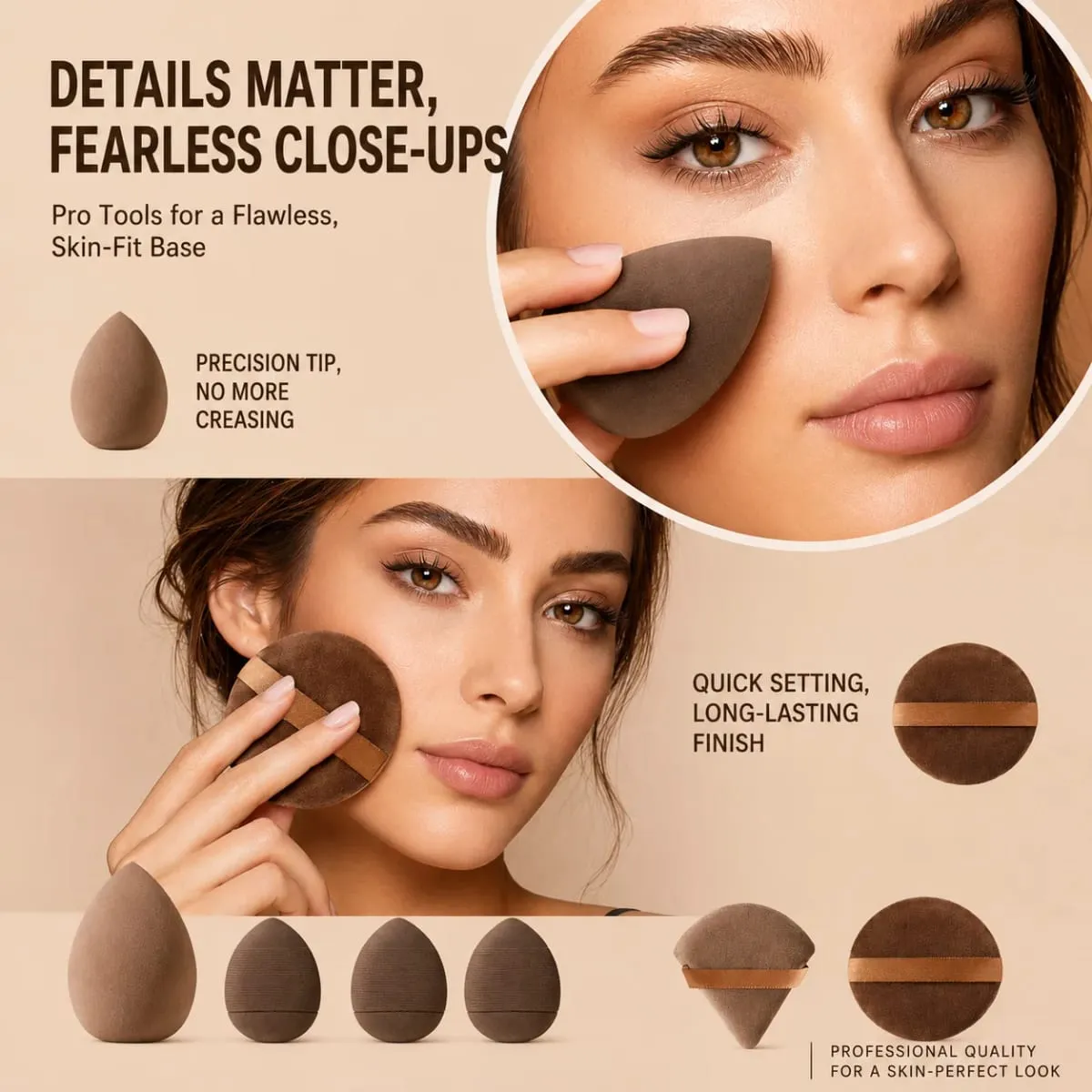 12dílná sada štětců na make-up se 6 plochými a kulatými štětci a 6 houbičkami na podkladovou pudrovou tvářenku a oční stíny
