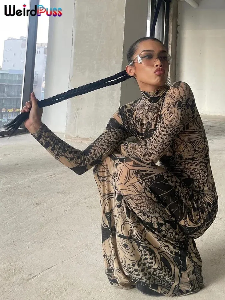 Weird Puss Mesh Print Women Maxi Dress Turtleneck Full Sleeve Bodycon Autumn Trendy Hipsters High Street Party Y2K Attirewear — image 5