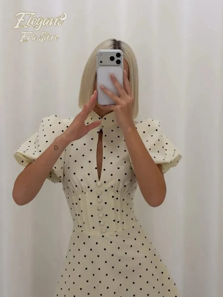 Women Retro Polka Dot Mini A-line Dress Elegant Stand Collar Puff Short Sleeve Waist-cinching Dresses Lady Party Robe 2026 New — image 1