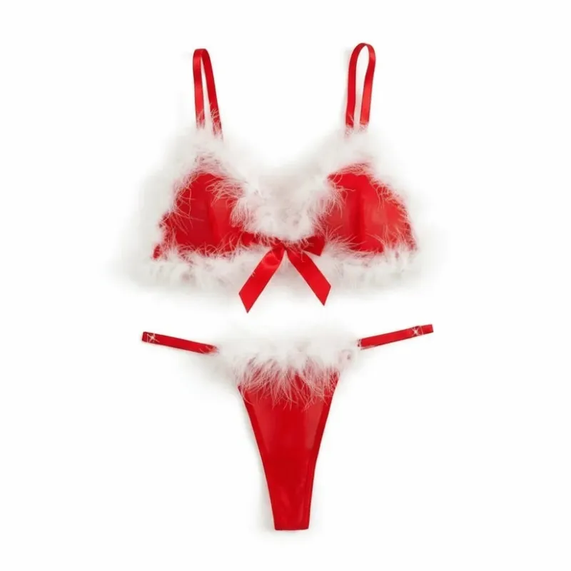 Sweet Furry Women's Underwear Wireless Bow Decor Lingerie Set Mesh Transparent Romantic Intimate Bra Panties Suit Christmas — image 7