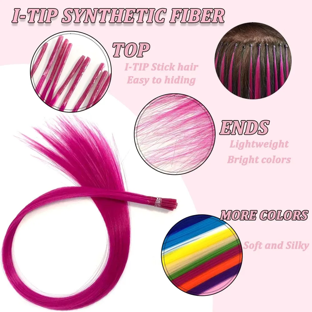 20 Strands Synthetic I-Tip Fusion Hair Extensions Party Colors 16" Straight Heat Resistant Highlight Feather Hairpieces Festival — image 4