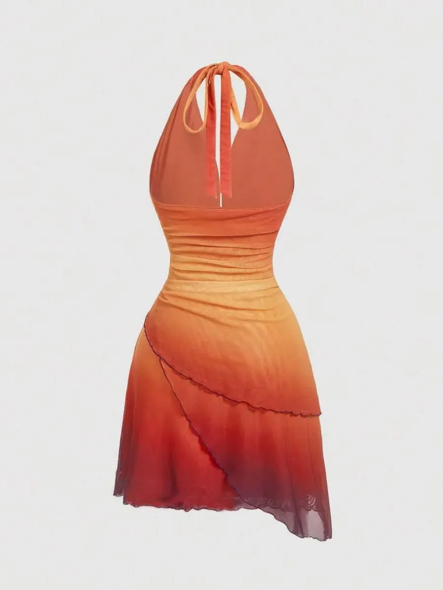 Gradient Bow Tie Strap Asymmetrical Backless Spaghetti Strap Dress — image 3