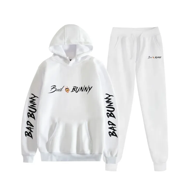 Harajuku Bekväm bad bunny Tryck Sweatshirt Träningsbyxor Kostym Dam Luvtröjor+ Byxor Kostym Pojkar/Flickor 2-delat set Kläder — image 1