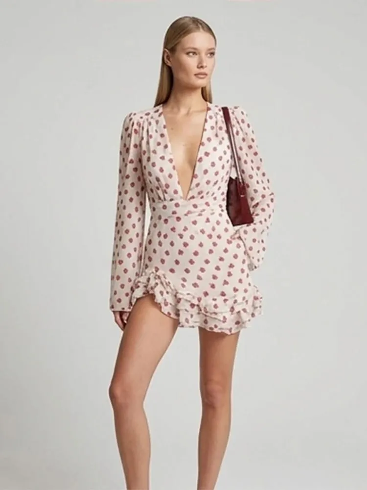 Sweet Rose Print Ruffle Mini Dress Deep V Neck Long Puff Sleeve Ruched Waist Dresses Spring Sweet Café Meetup Vestido 2026 — image 5