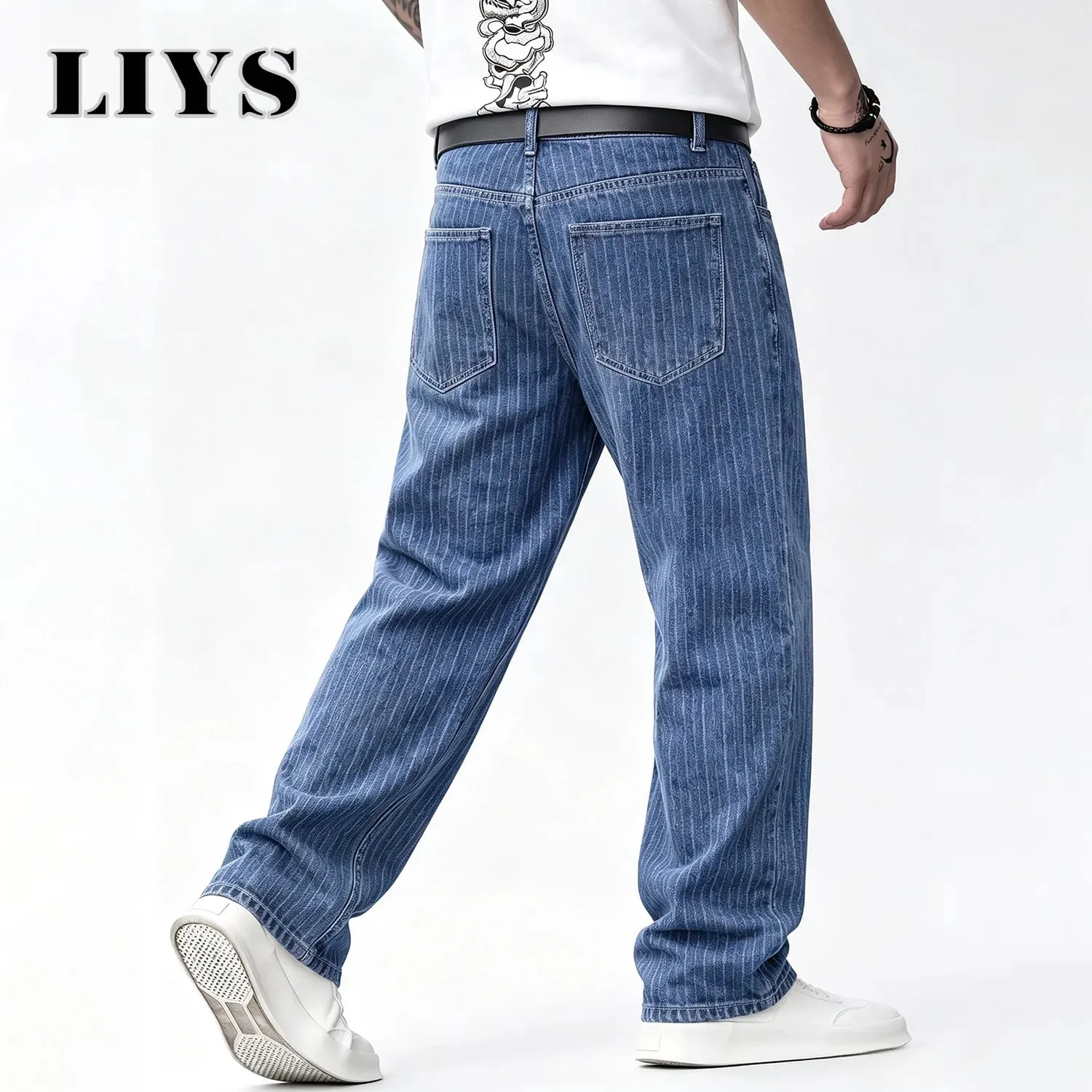 Men Vertical Thin Stripe Jacquard Baggy Denim Pants Classic Blue Loose Wide Leg Straight Leg Vintage Washed Jeans — image 5
