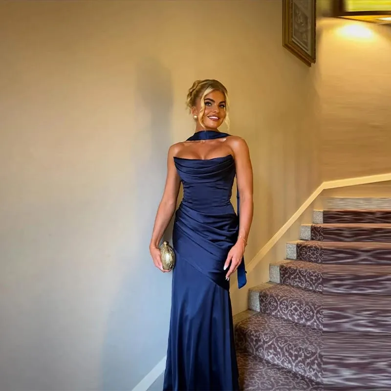 Babaeng Sexy Pleated Strapless Satin Dress Chic Solid Off-Shoulder Backless High Waist Bodycon Dresses 2026 Bagong Evening Party Gown — image 4