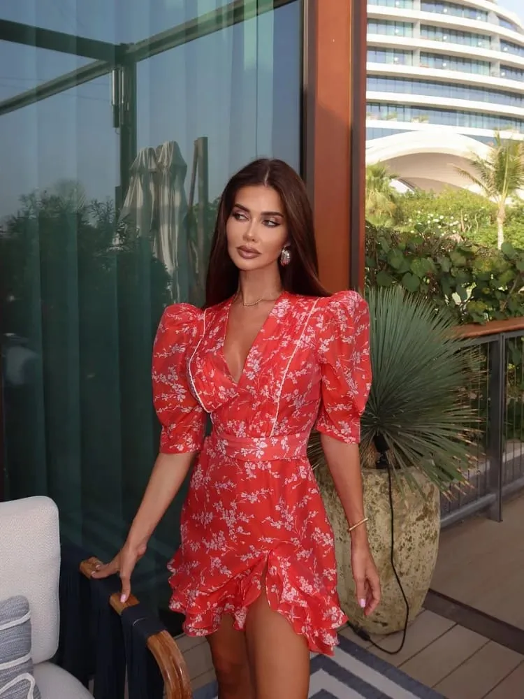 Women Red Floral Printed V-neck Short Sleeved Dress Puff Sleeve Waist Trim Ruffle Slit Hem Mini Dresses 2026 Summer Party Gowns — image 2
