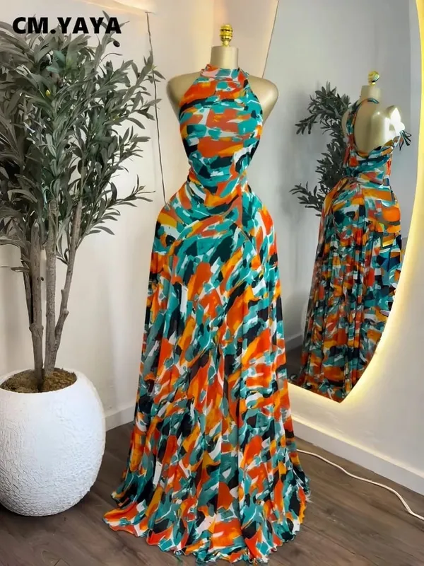 Feminino impresso sem mangas com faixas ajuste e alargamento a linha maxi vestido 2026 streetwear praia férias vestidos longos — image 7