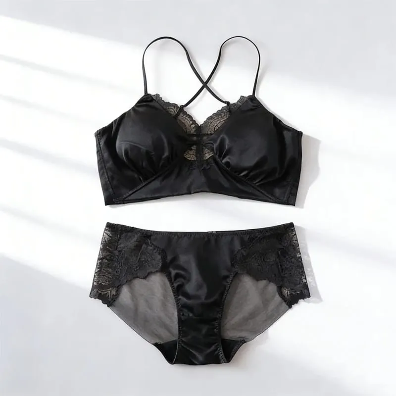 19MM Natural Mulberry Silk Satin Thin Bra Adjustable Cross Straps Beautiful Back Without Steel Ring Female Sexy Underwear Set — image 9