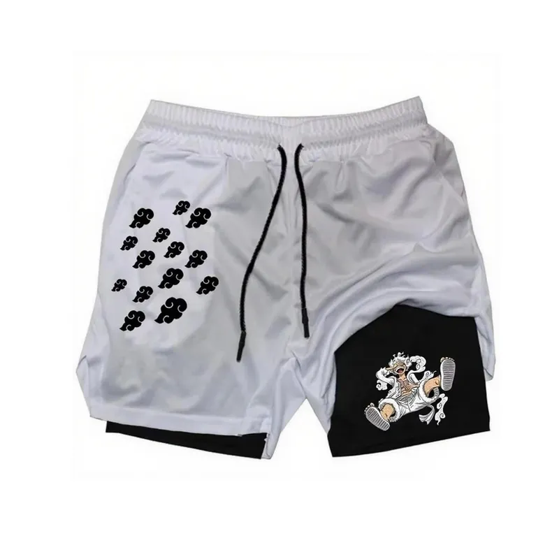 Anime One Piece Men's Shorts Quick-dry Double Layer 2-in-1 Pants Summer Graphic Print Workout Training Fitness Sports Gym Shorts