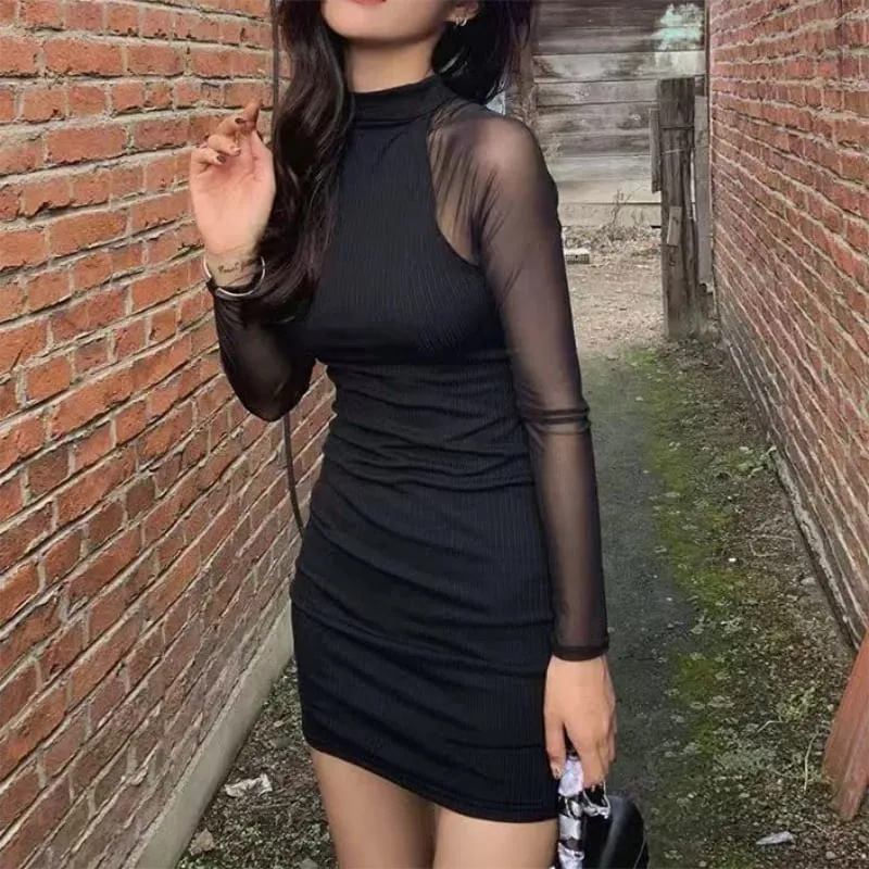 Malha retalhos meia alta pescoço vestidos femininos preto moda ver através de manga longa magro clubwear feminino mini vestido bodycon — image 2