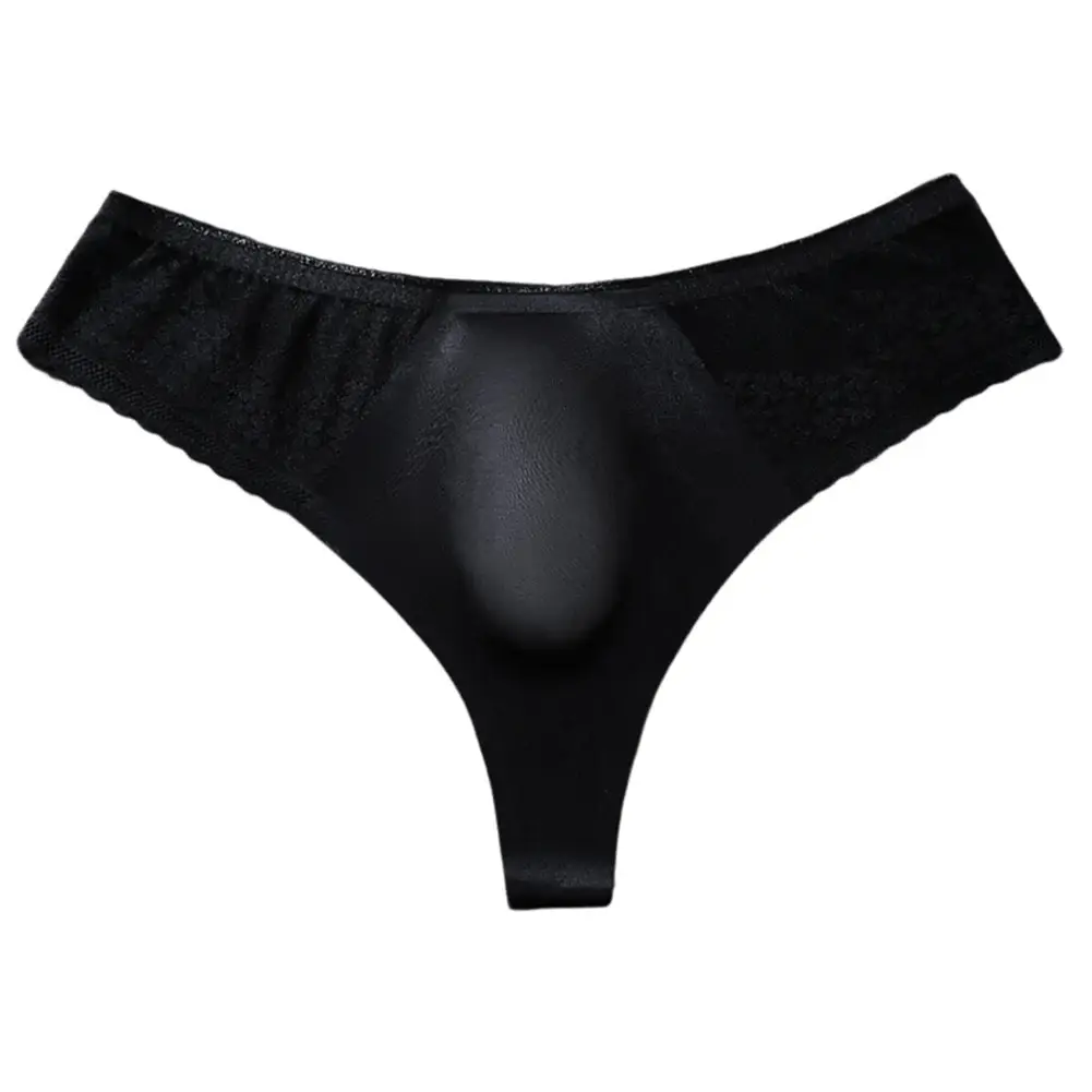 Breathable Men's Lace G-String Underwear Featuring Thin Seamless Ice Silk Fabric with 3D Bulge Pouch and Solid Color Design